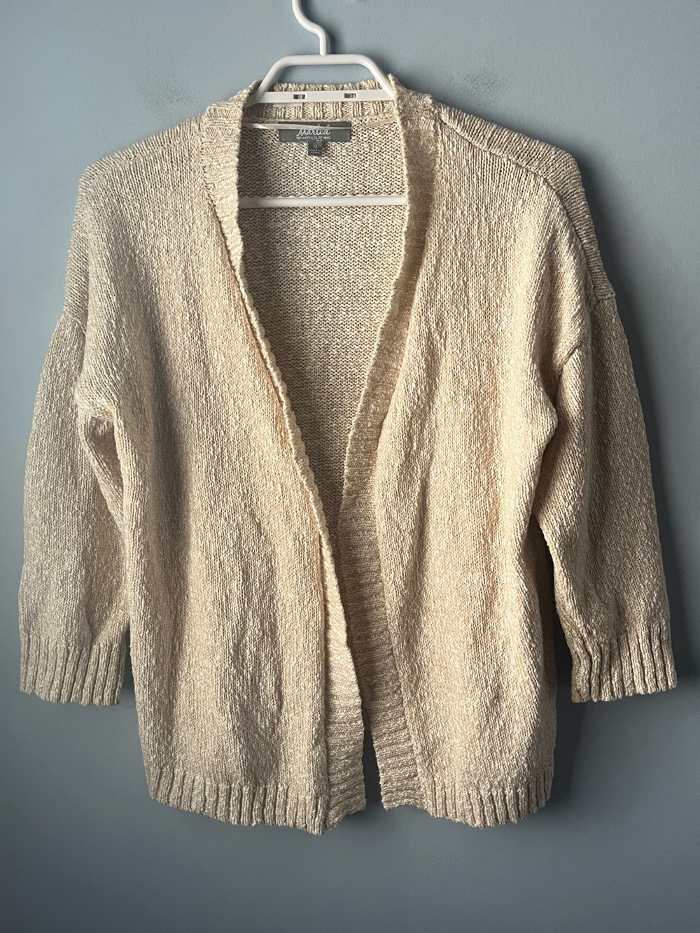 Marled By Reunited Cream Open-Front 100% Cotton 3/4Sleeve Knit Cardigan Size XL